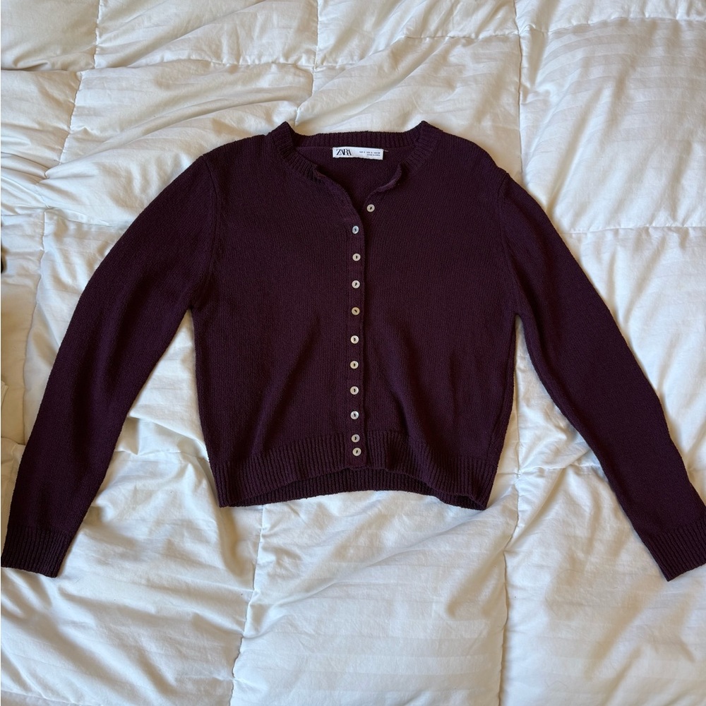 Zara Deep Plum Button-Up Cropped Cardigan
